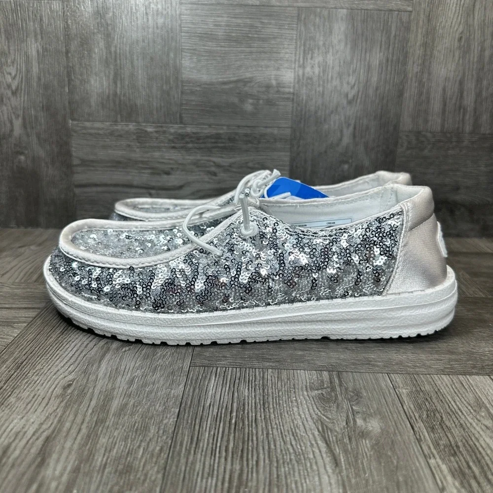 Hey Dude Wendy Sequin Women Size 5 Cream Silver Sparkle Slip On NEW